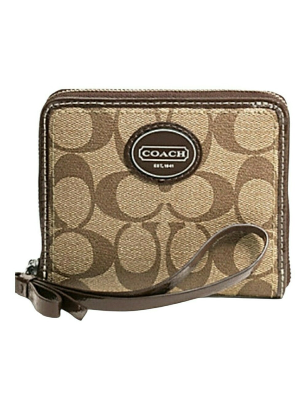 Coach Signature Peyton Zip Around Wallet F74341 Silver Khaki Mahogany